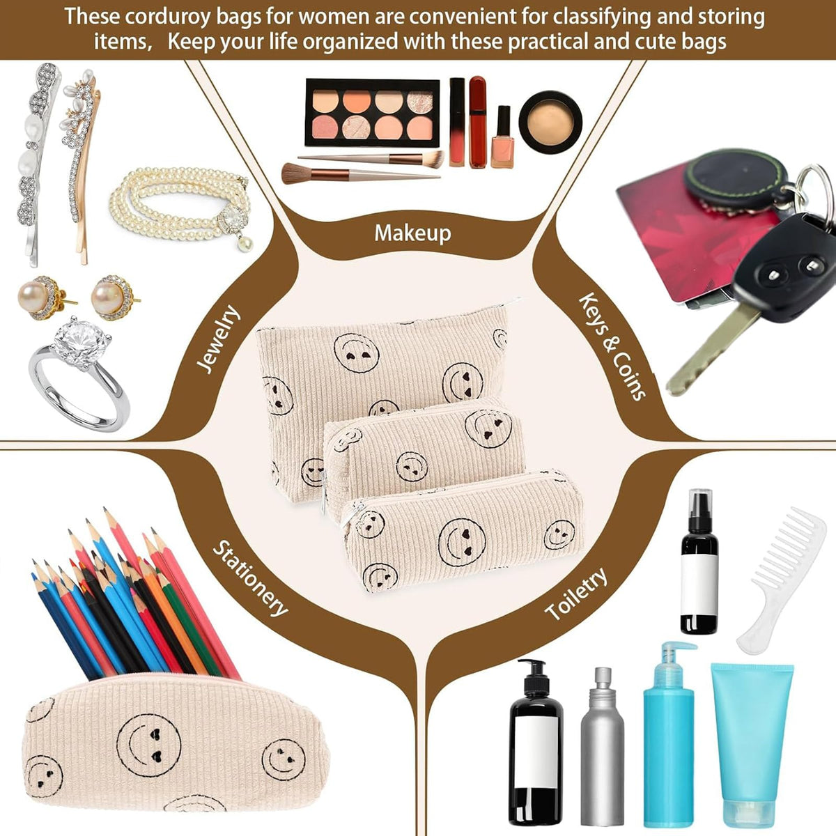 Huhumy Corduroy Makeup Bag Set in a lifestyle setting