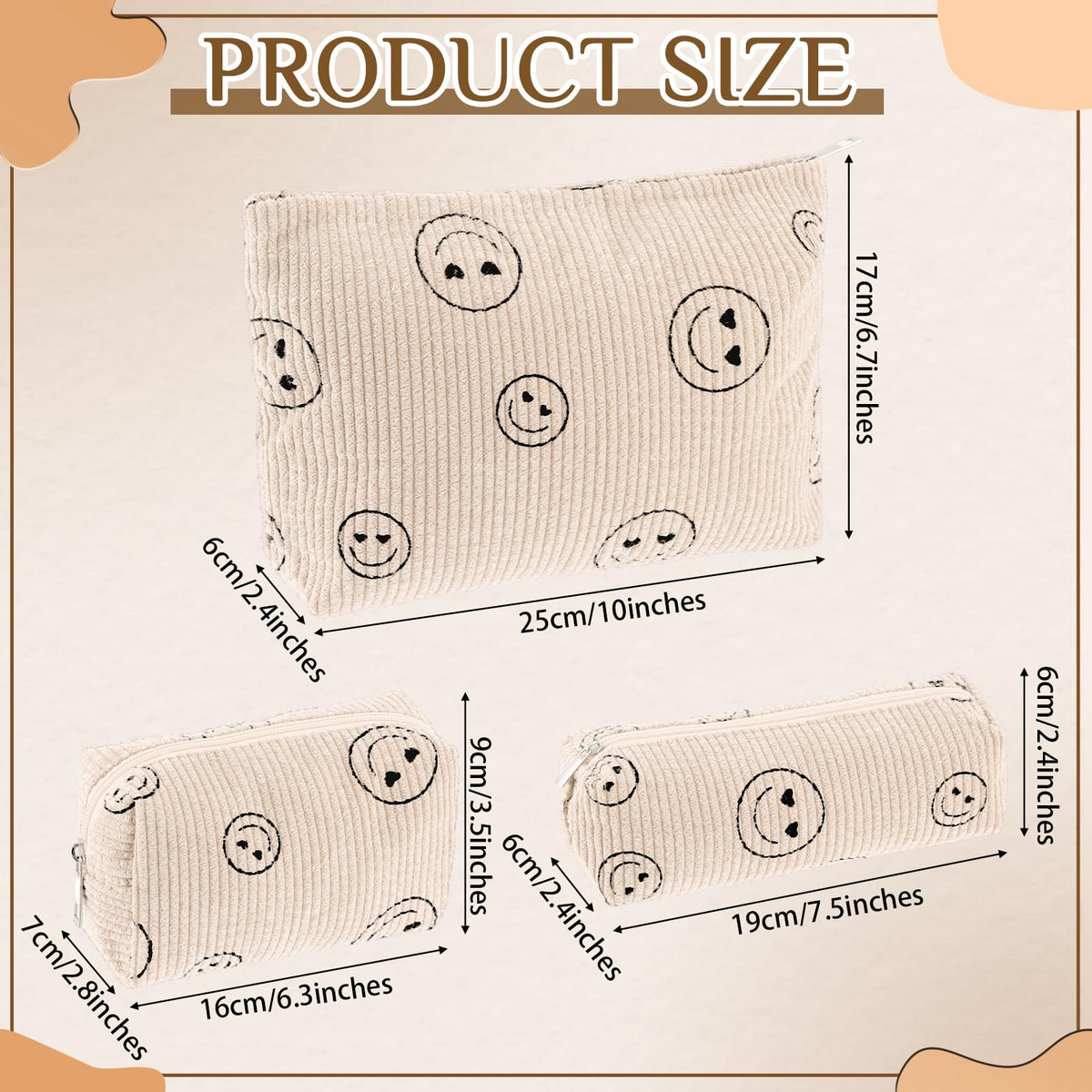 Huhumy Corduroy Makeup Bag Set showing three different sizes