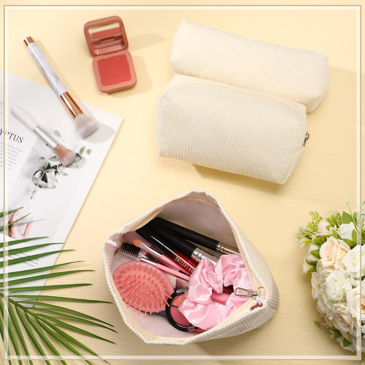 Huhumy Corduroy Makeup Bag Set with cosmetics inside