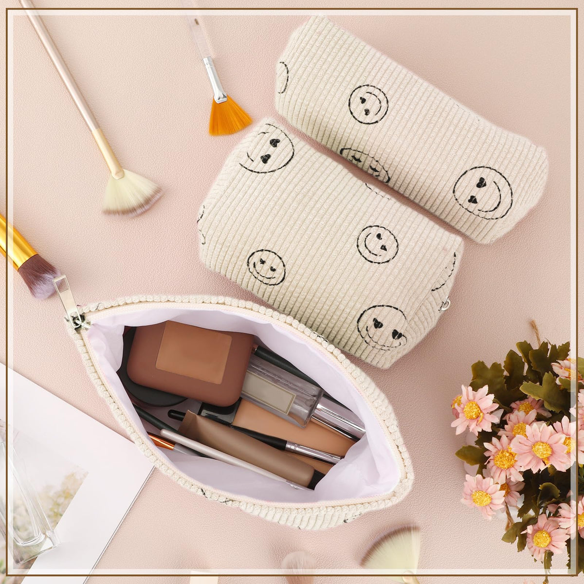 Huhumy Corduroy Makeup Bag Set with cosmetics inside