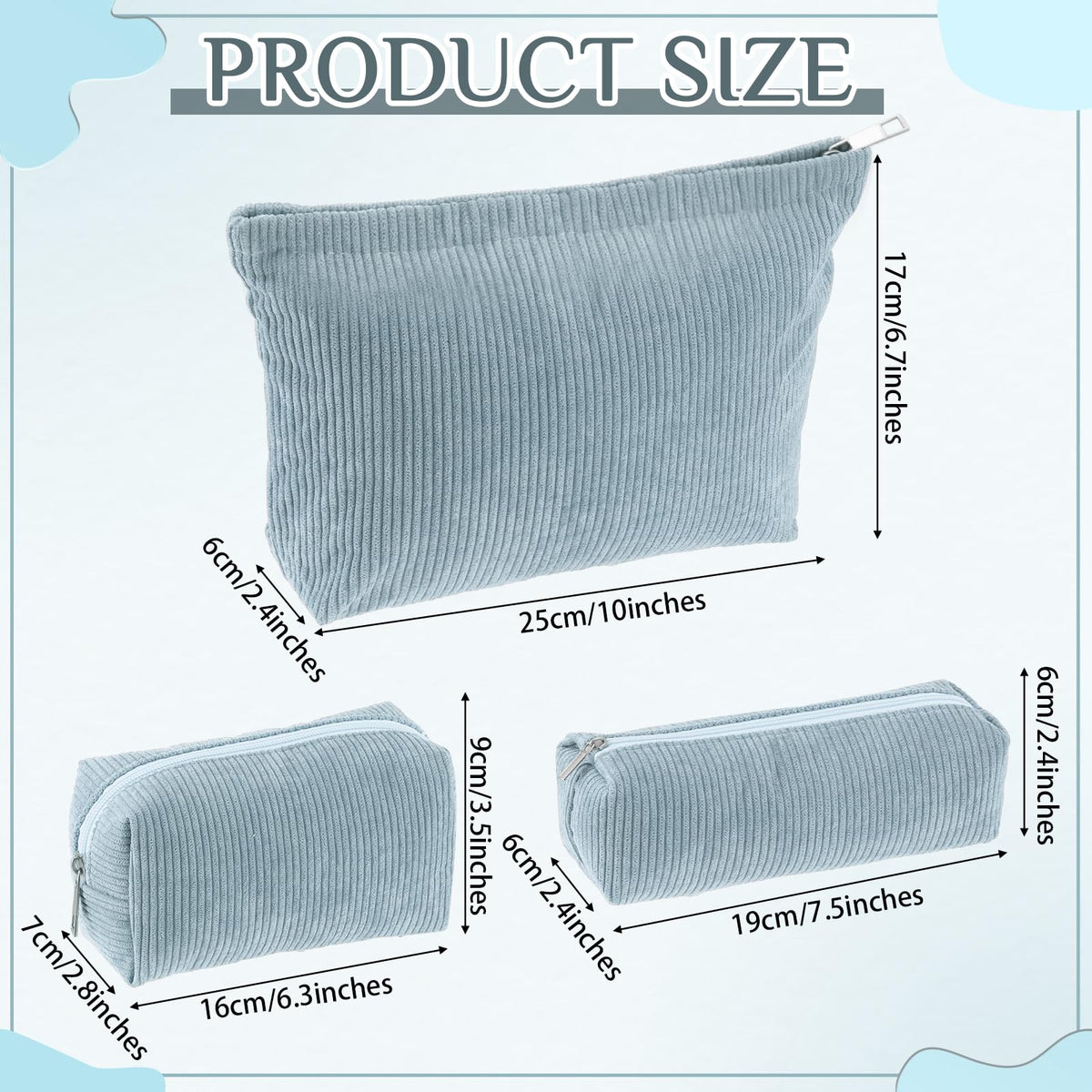 Huhumy large corduroy makeup bag measuring 10 x 2.4 x 6.7 inches