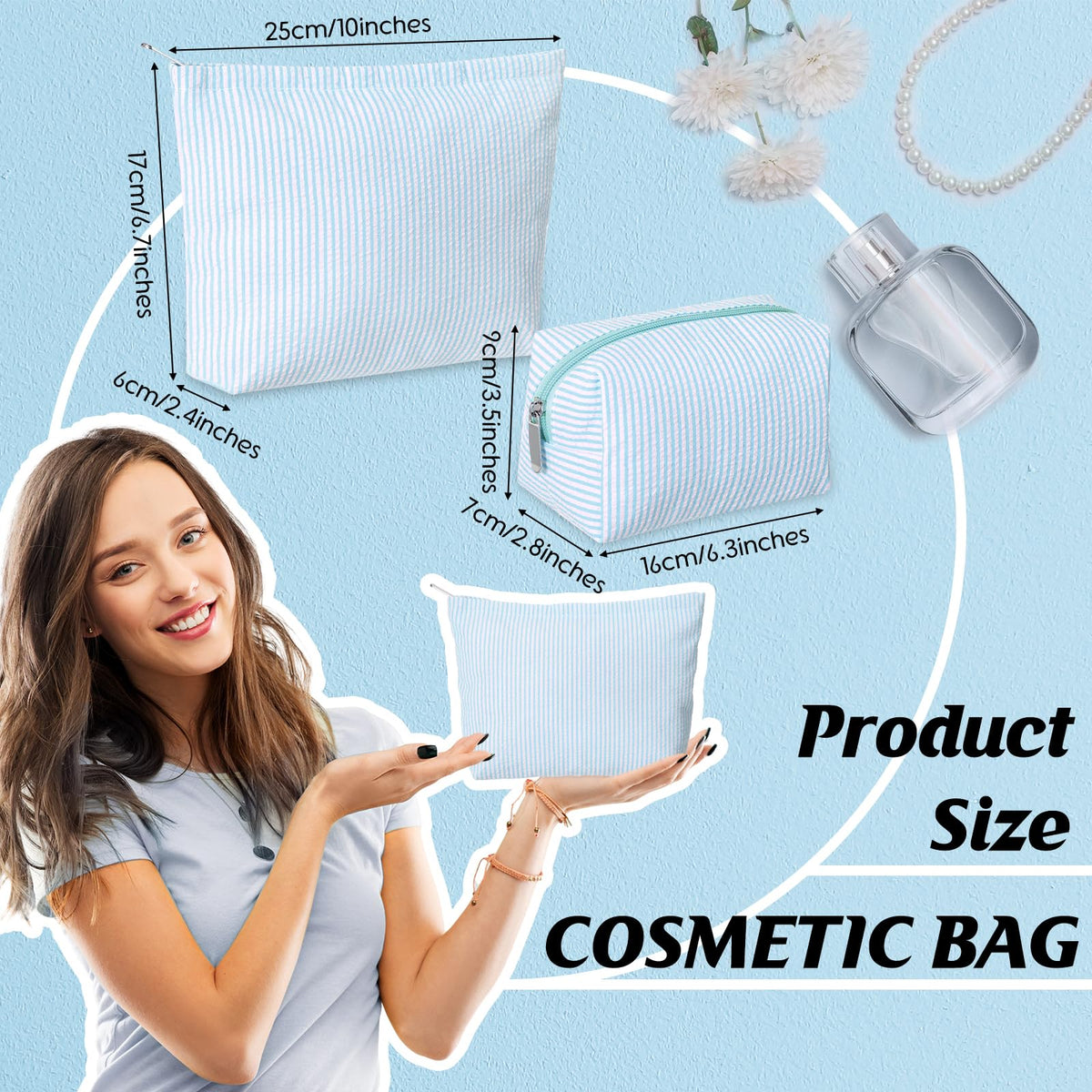Huhumy large makeup bag measuring 10 x 2.4 x 6.7 inches in light blue