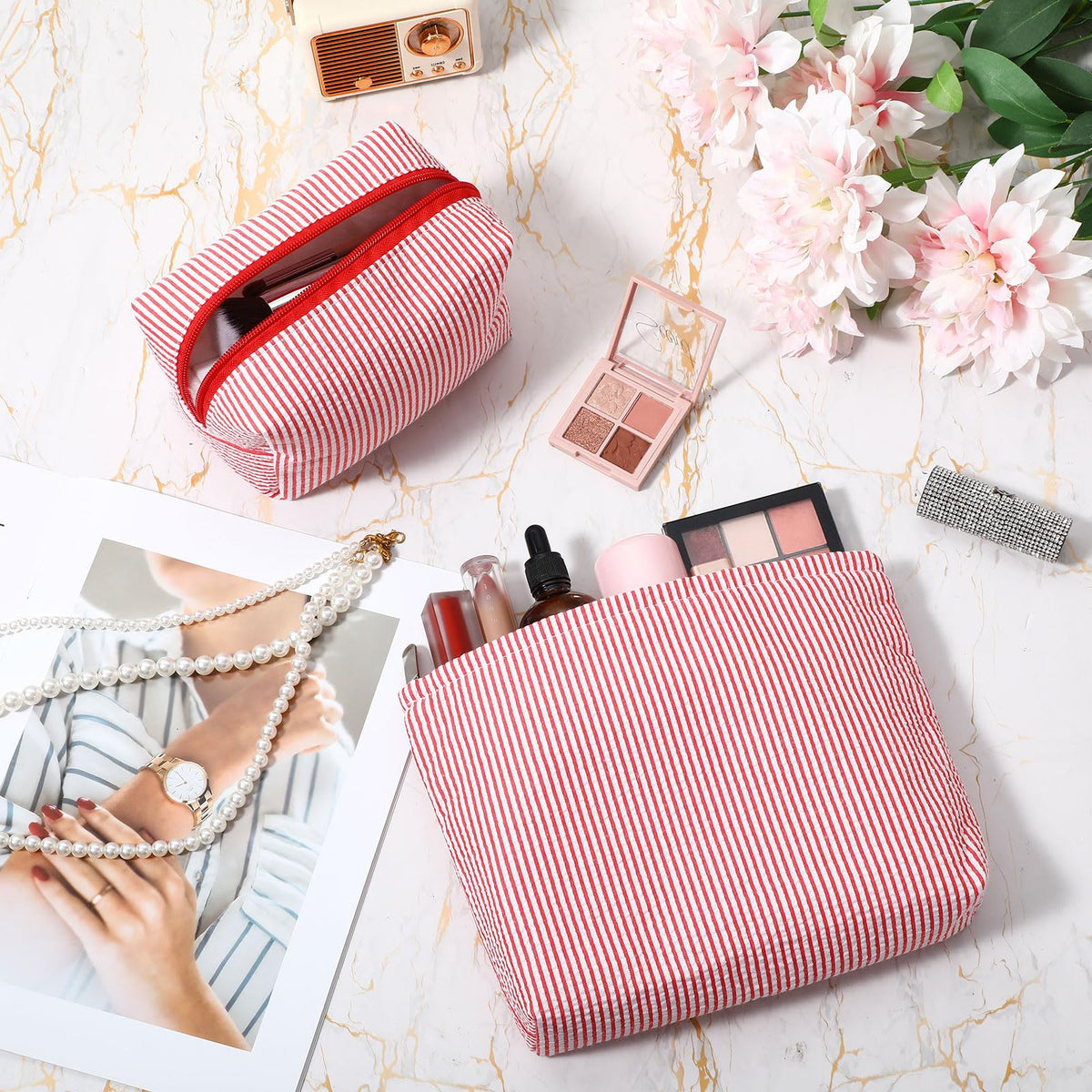 Huhumy large makeup bag with red stripes