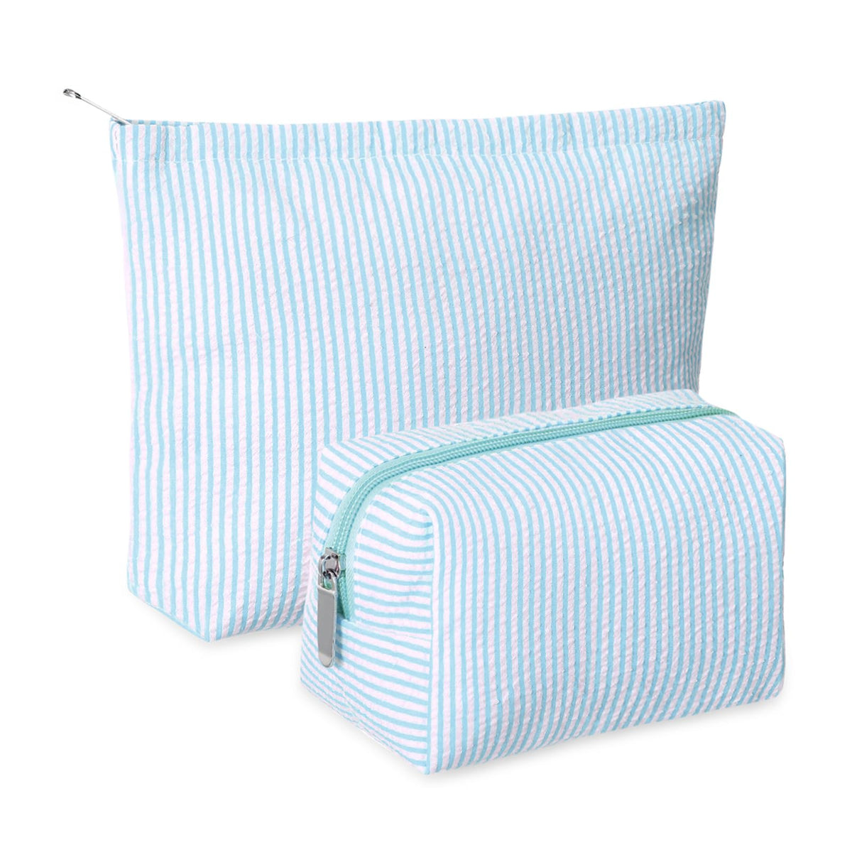 Huhumy light blue makeup bag set front view with striped design