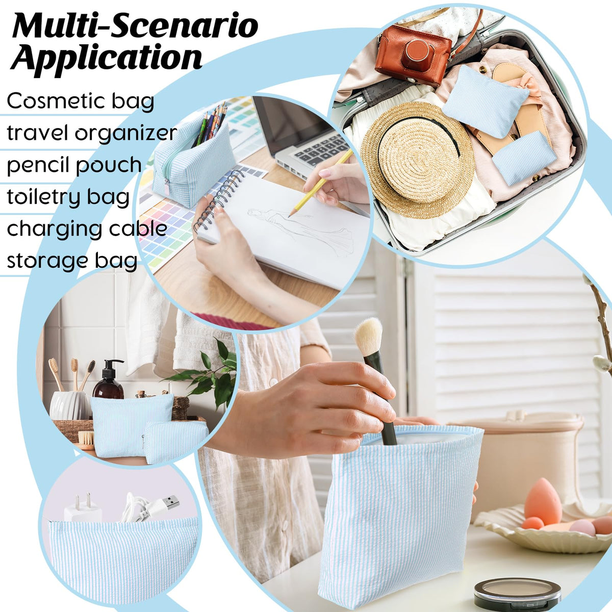 Huhumy light blue makeup bags with toiletries and brushes inside
