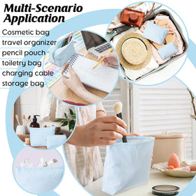 Huhumy light blue makeup bags with toiletries and brushes inside