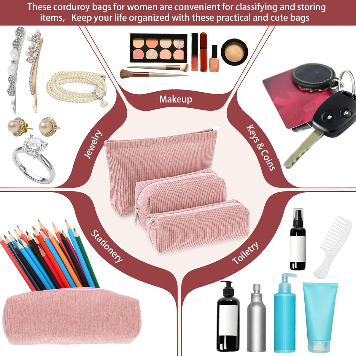 Huhumy makeup bag set displayed with cosmetics