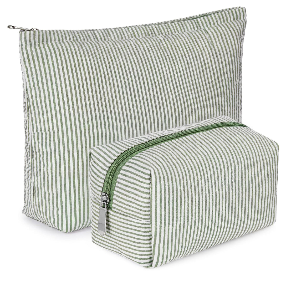Huhumy Makeup Bag Set front view in bean green with stripes