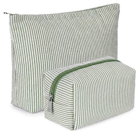 Huhumy Makeup Bag Set front view in bean green with stripes