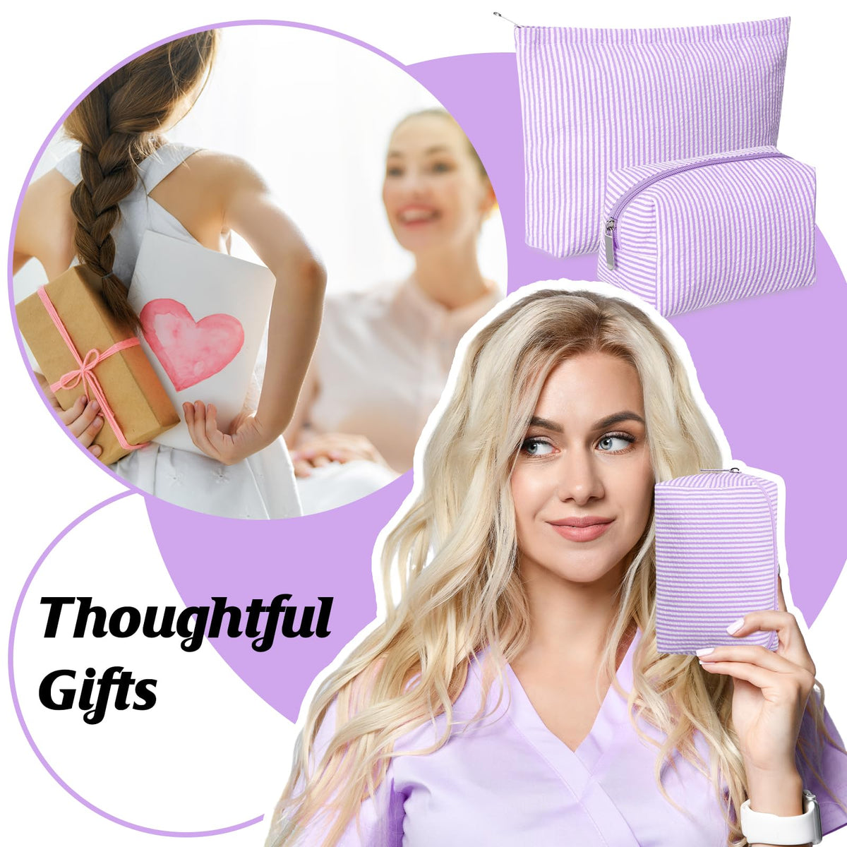 Huhumy purple striped makeup bag close-up