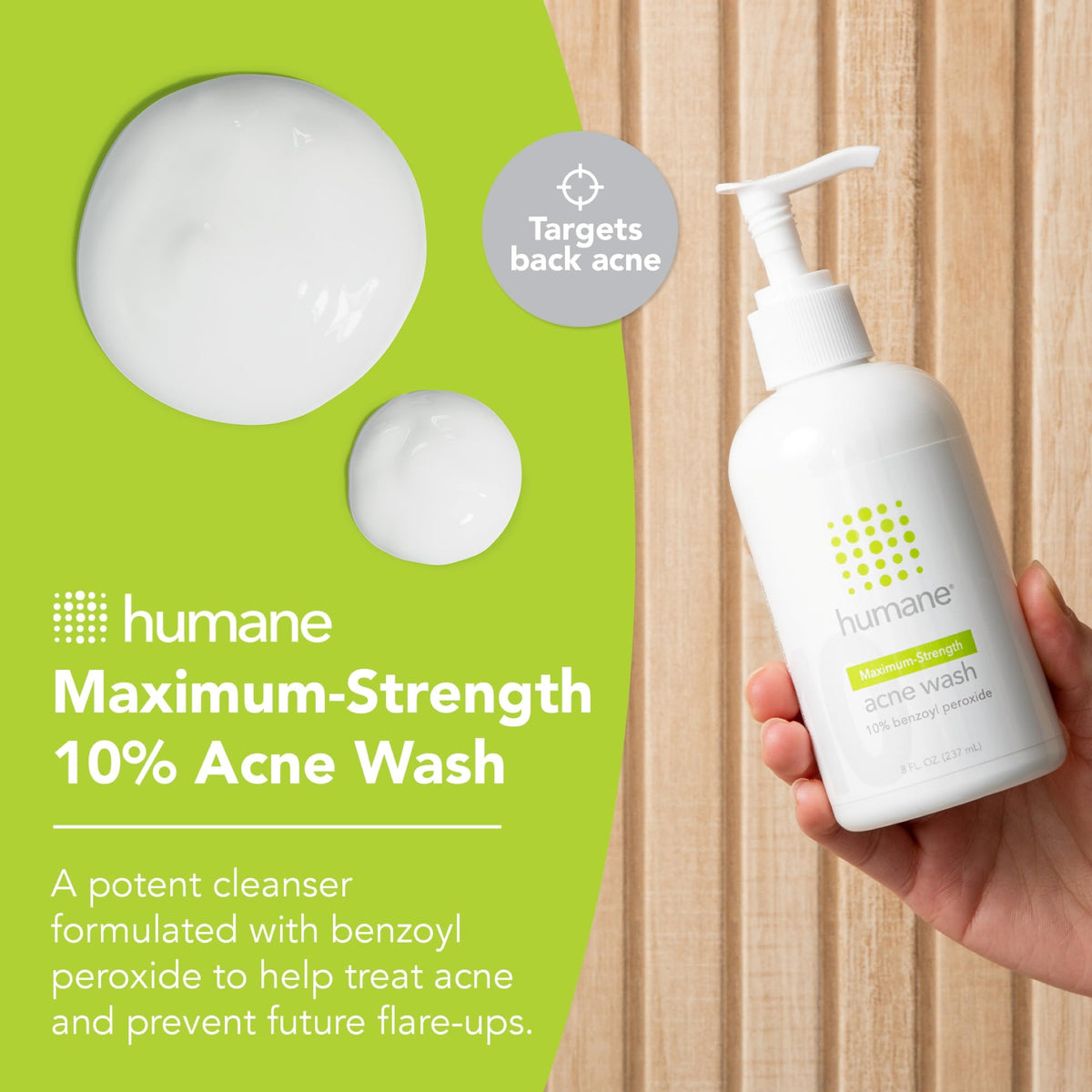 humane Benzoyl Peroxide Acne Body Wash 10% bottle with label