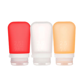 humangear GoToob+ 3-Pack medium squeeze bottles in clear, red, and orange