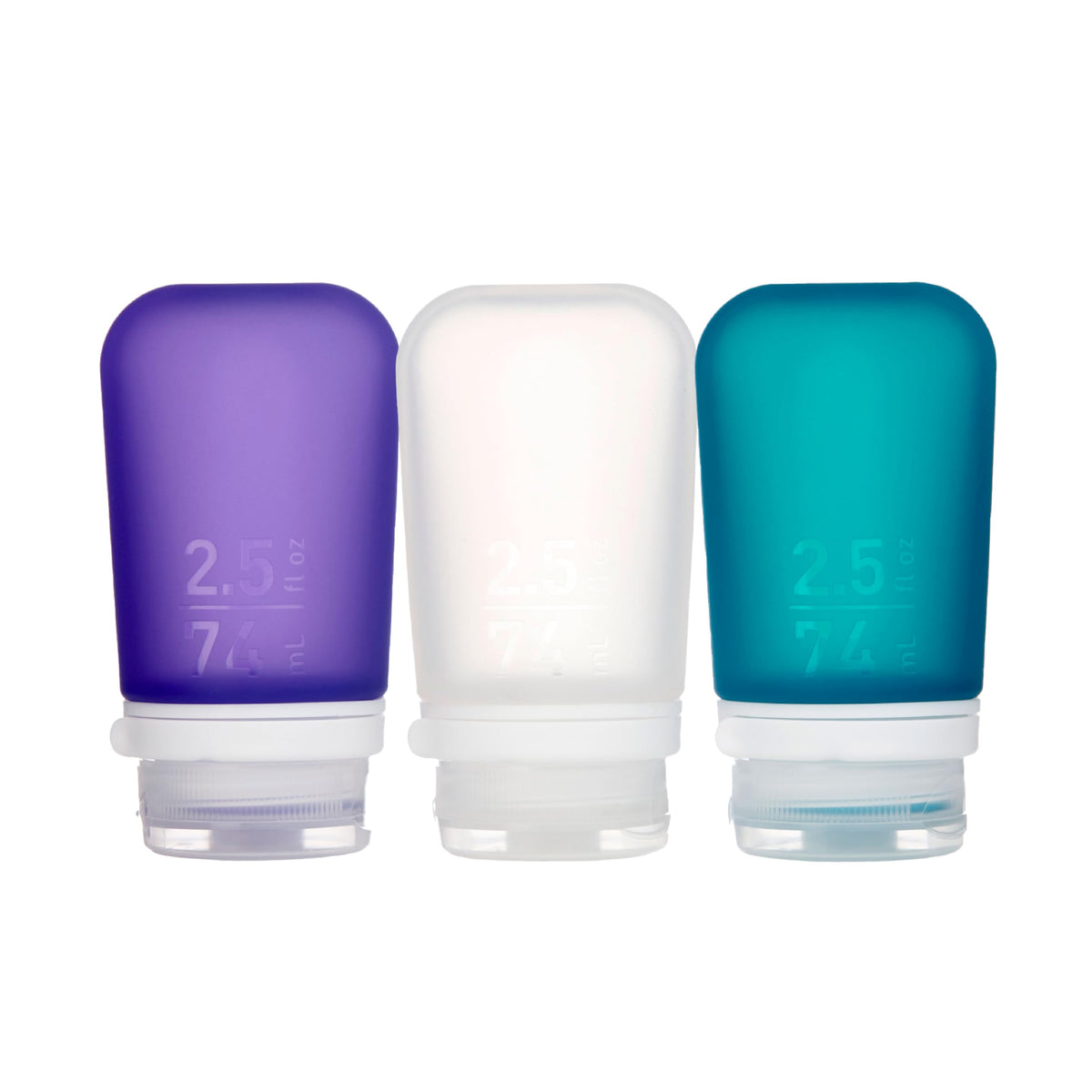 humangear GoToob+ 3-Pack Medium travel bottles in clear, purple, and teal