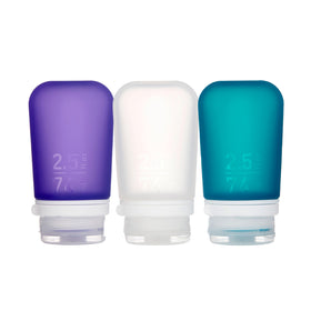 humangear GoToob+ 3-Pack Medium travel bottles in clear, purple, and teal