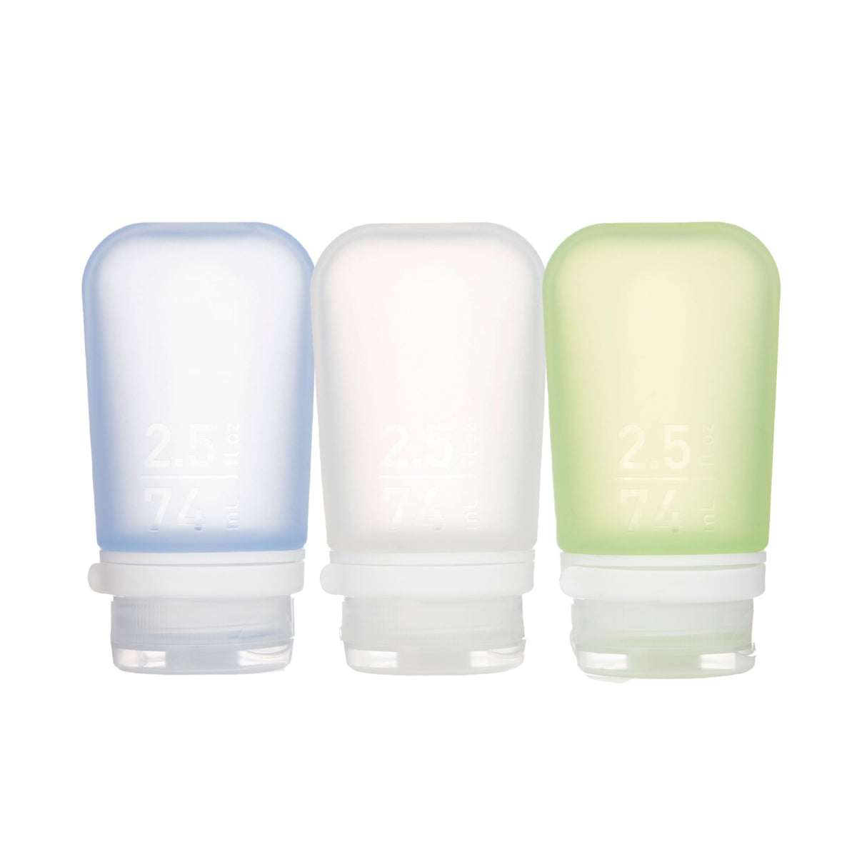 humangear GoToob+ 3-Pack travel bottles in clear, green, and blue
