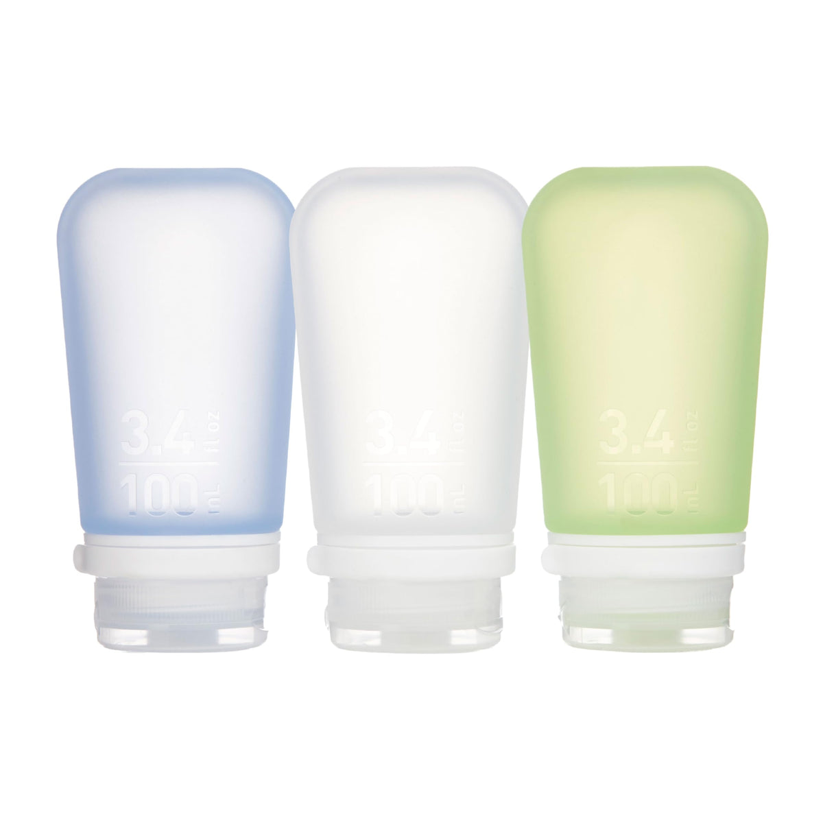 humangear GoToob+ 3-Pack travel bottles in clear, green, and blue