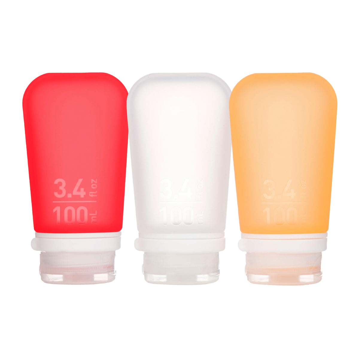 humangear GoToob+ Large 3-Pack clear, red, and orange bottles front view