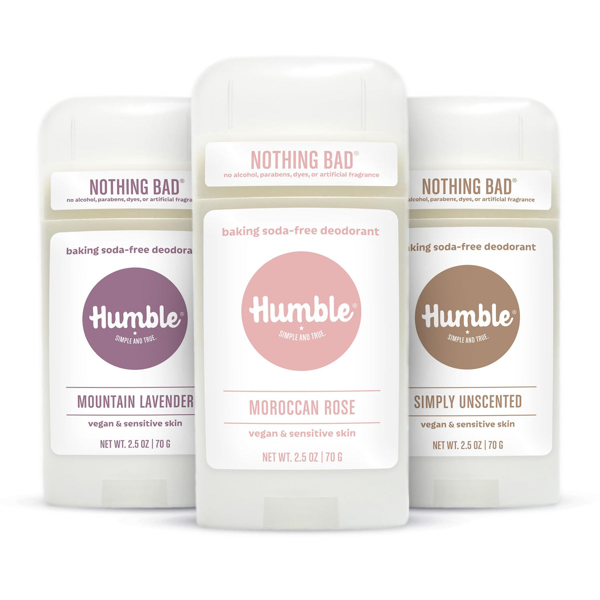 HUMBLE Aluminum-Free Deodorant 3 Pack Lavender, Rose, Unscented front view