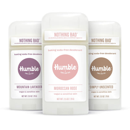 HUMBLE Aluminum-Free Deodorant 3 Pack Lavender, Rose, Unscented front view