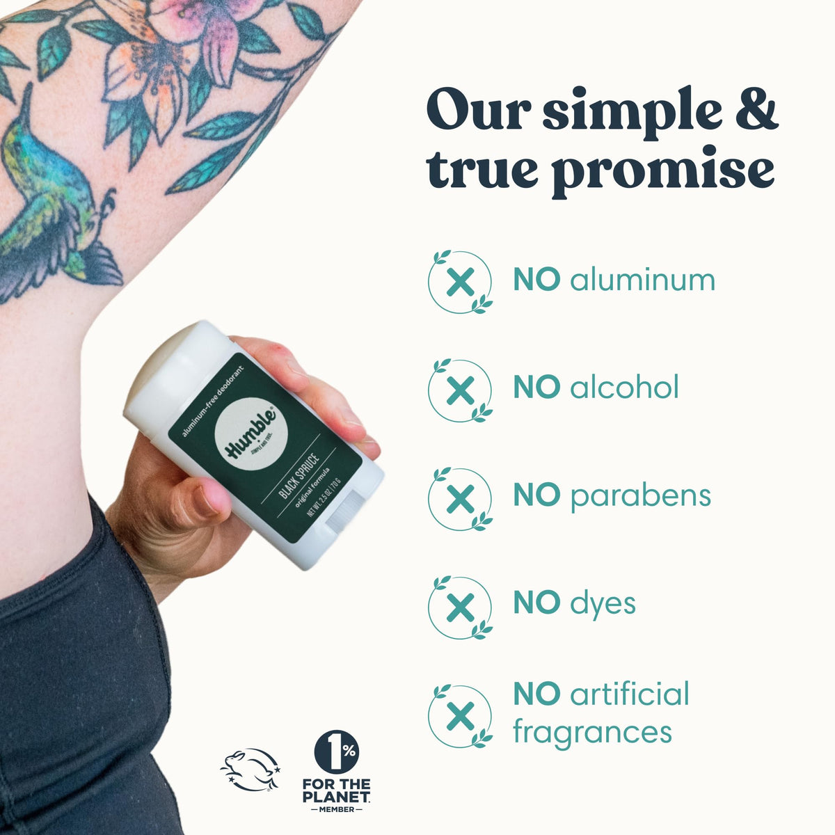 HUMBLE Aluminum-Free Deodorant Black Spruce in a bathroom setting