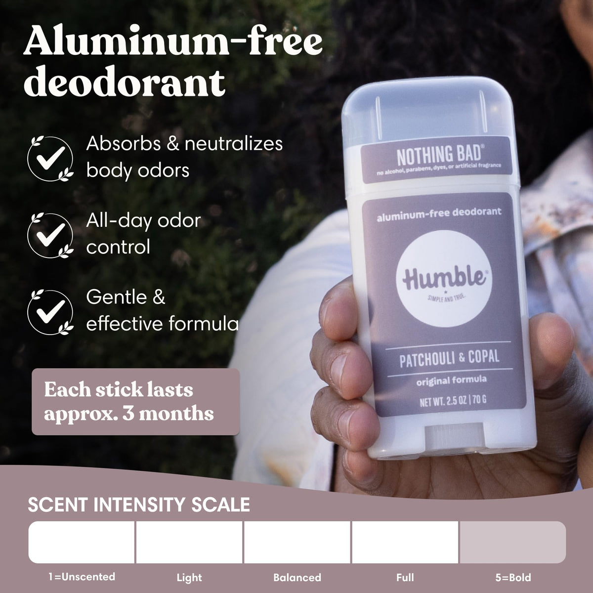 HUMBLE Aluminum-Free Deodorant Patchouli & Copal stick close-up