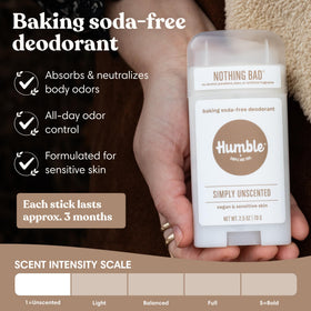 HUMBLE Aluminum-Free Deodorant stick close-up showing ingredients