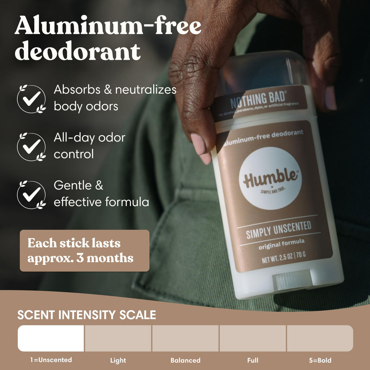 HUMBLE Aluminum-Free Deodorant stick showing packaging details