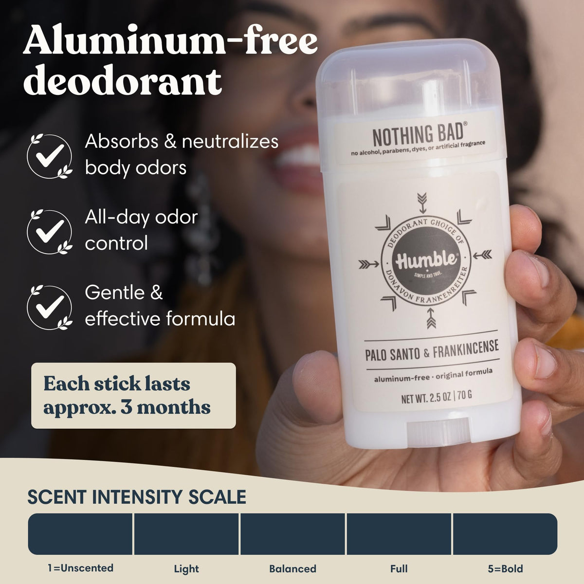 HUMBLE Aluminum-Free Deodorant stick showing Palo Santo & Frankincense scent