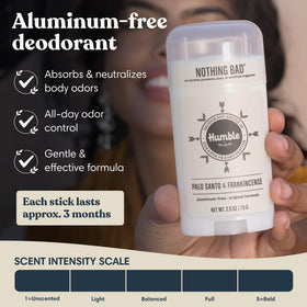 HUMBLE Aluminum-Free Deodorant stick showing Palo Santo & Frankincense scent