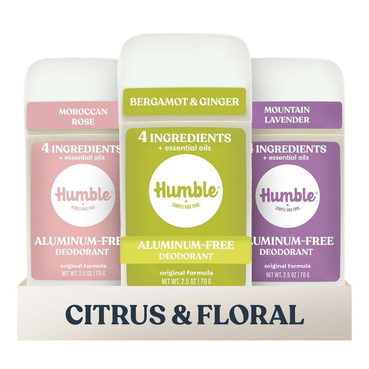 HUMBLE Aluminum-Free Deodorant Variety Pack with three sticks in packaging