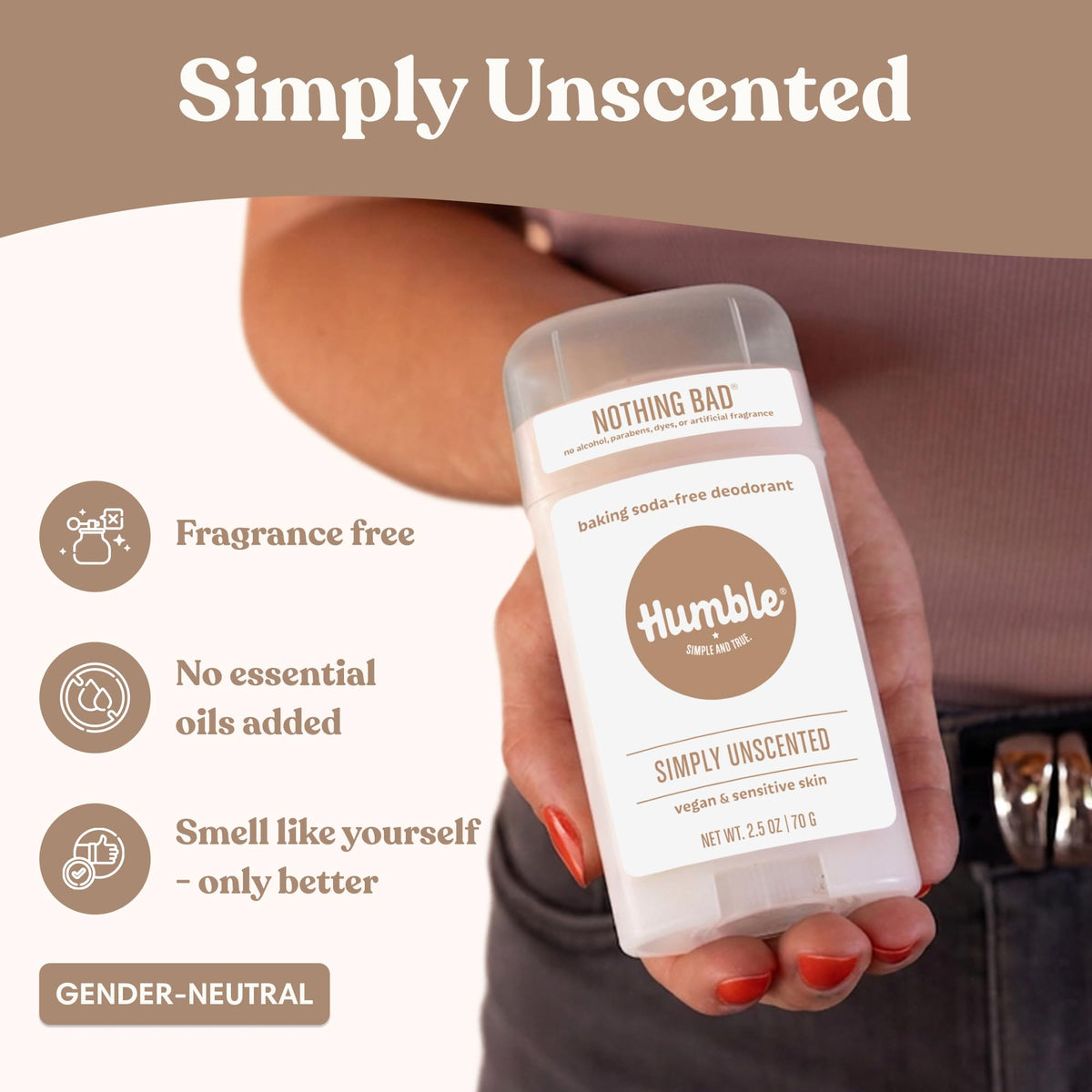 HUMBLE Deodorant Simply Unscented on a bathroom counter