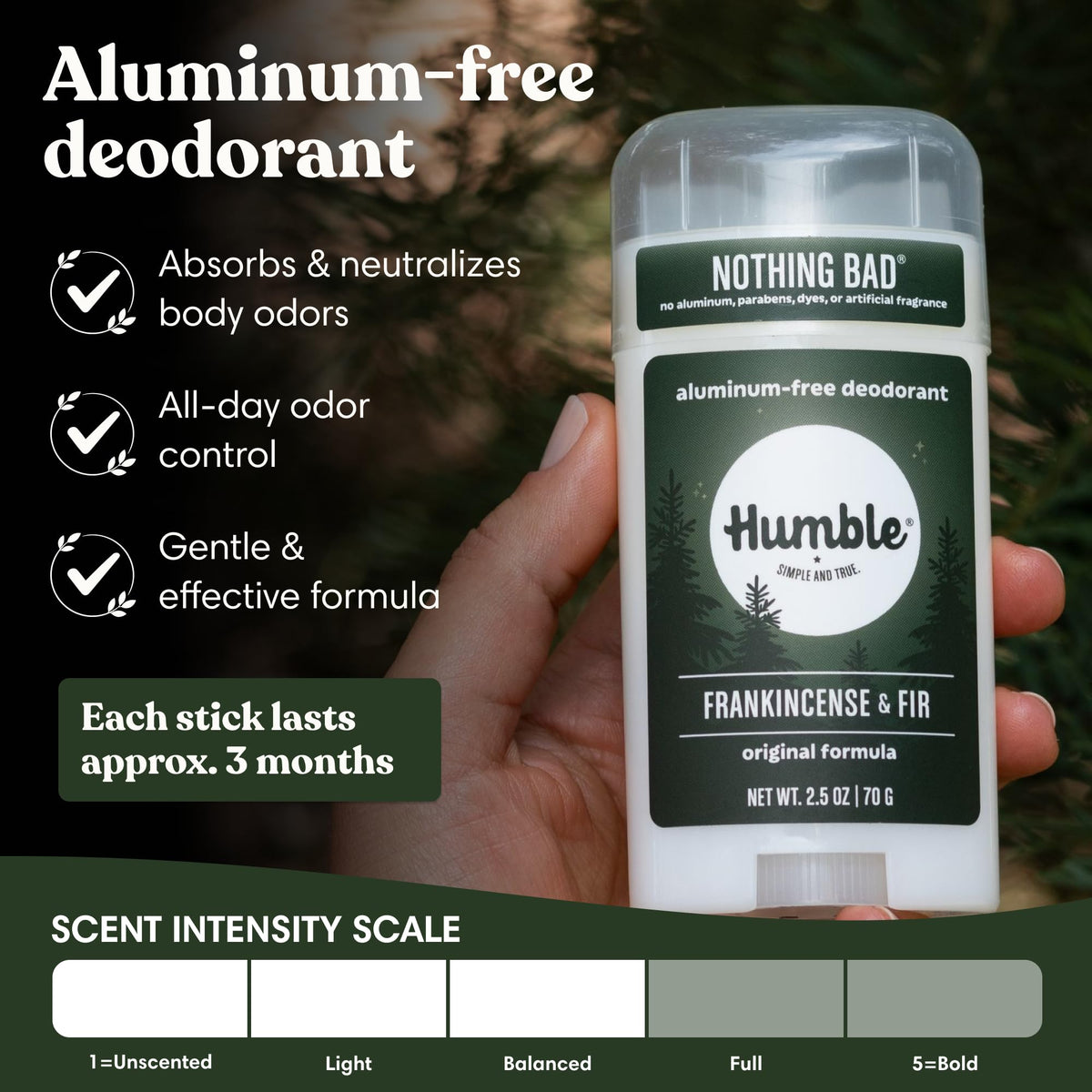 HUMBLE deodorant stick showing Frankincense & Fir scent