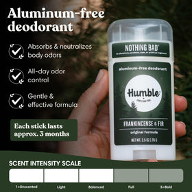 HUMBLE deodorant stick showing Frankincense & Fir scent