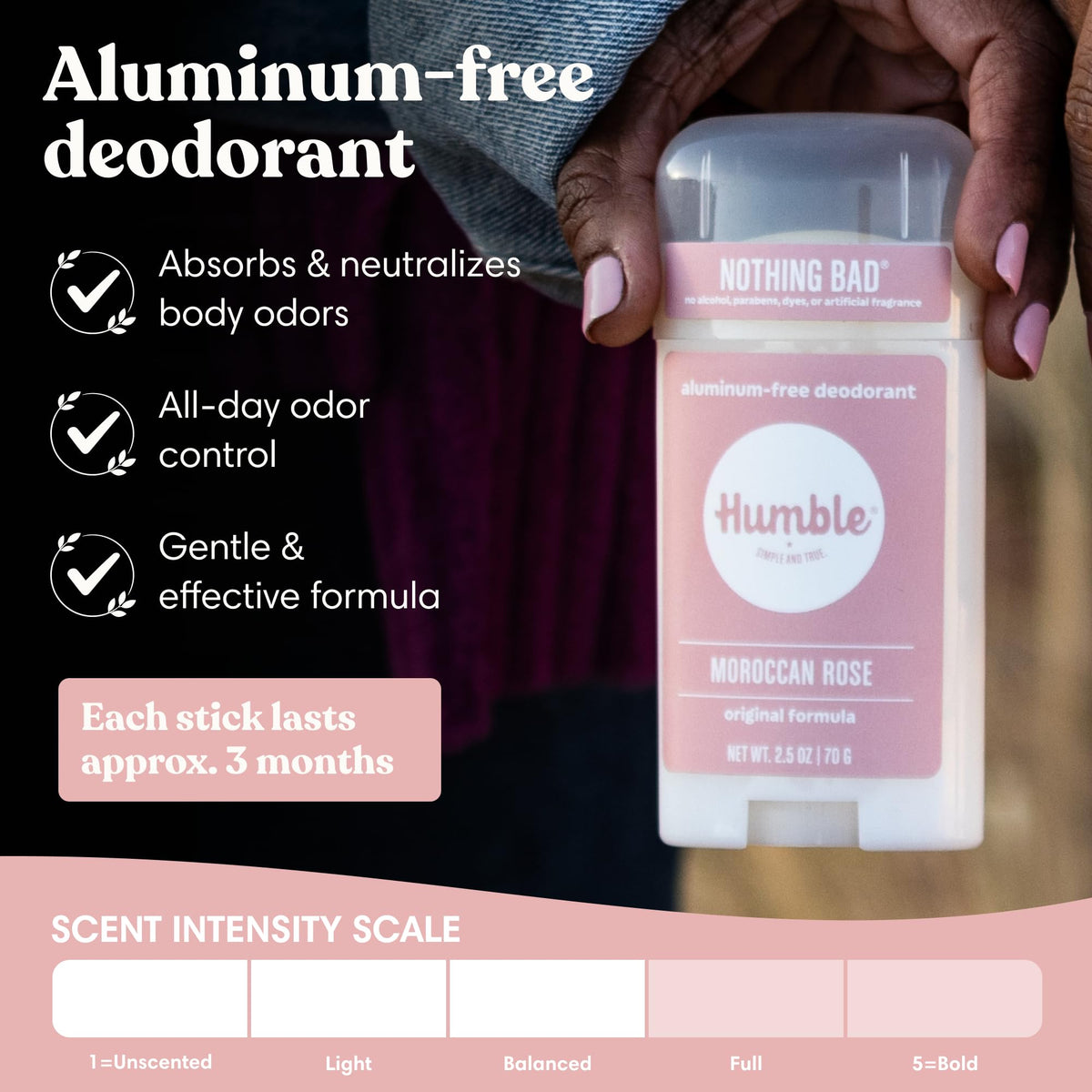 HUMBLE Deodorant stick showing Moroccan Rose scent label