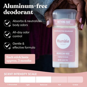HUMBLE Deodorant stick showing Moroccan Rose scent label