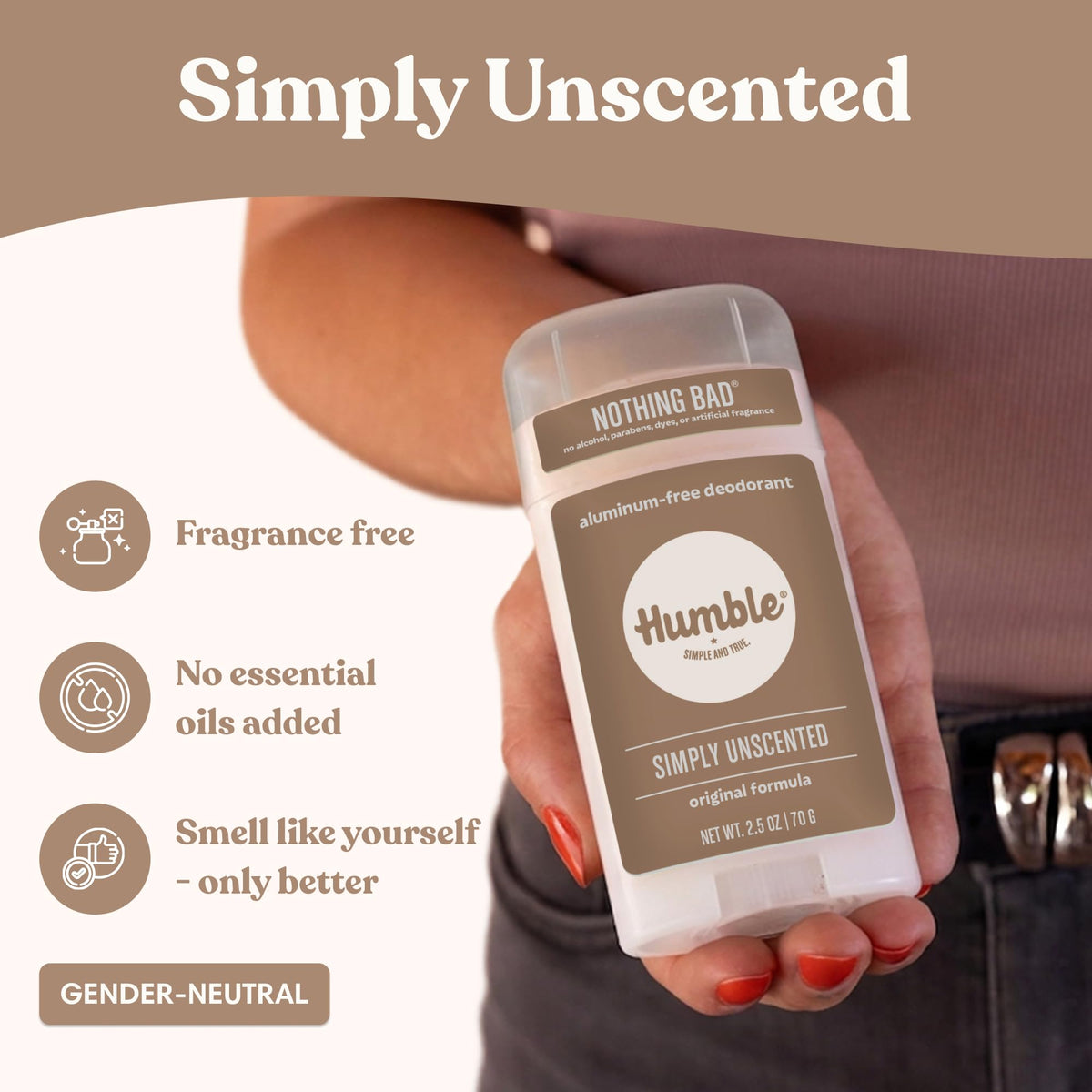 HUMBLE deodorant unscented stick on a bathroom counter