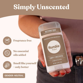 HUMBLE deodorant unscented stick on a bathroom counter