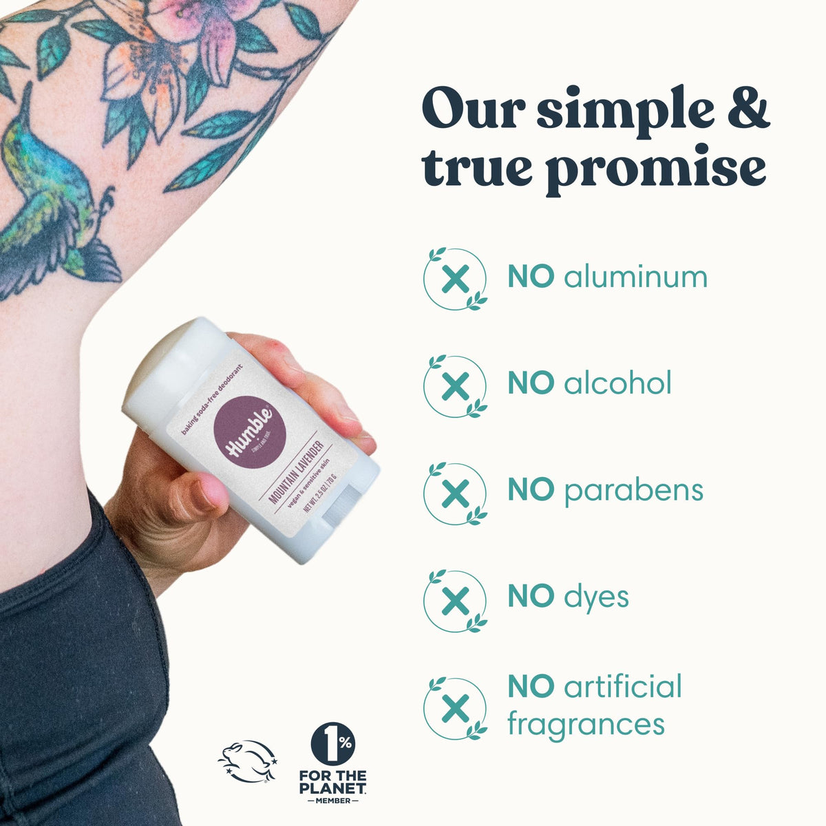 HUMBLE deodorant with ingredients list and benefits highlighted