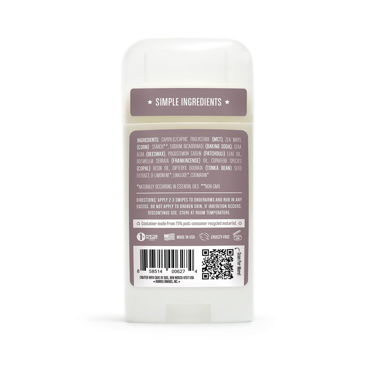 HUMBLE Patchouli Copal Frankincense Deodorant packaging detail