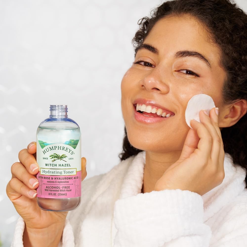 Humphreys Witch Hazel Hydrating Toner with Rose application on cotton pad