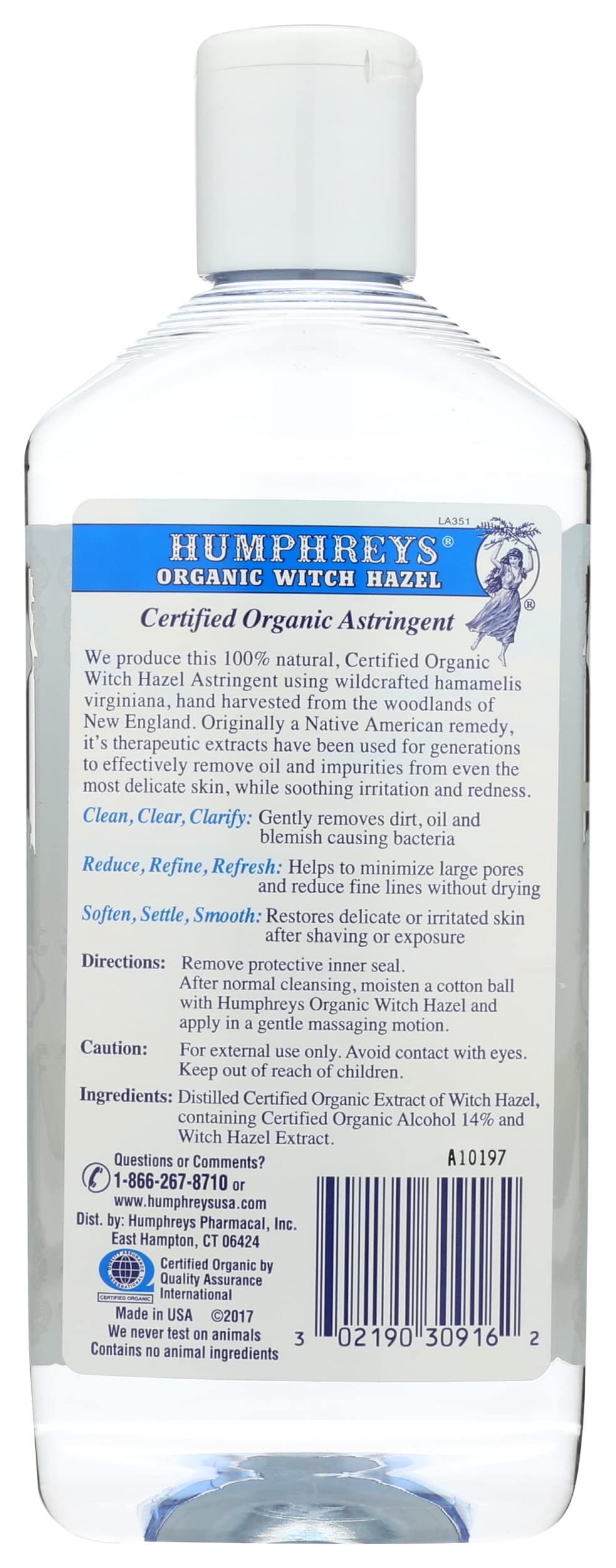 Humphreys Witch Hazel Organic Astringent 16 Ounce back view