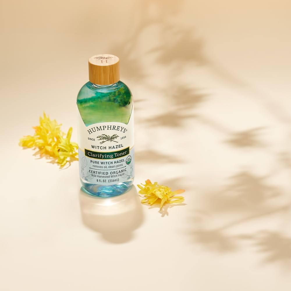 Humphreys Witch Hazel Toner on a vanity with skincare products