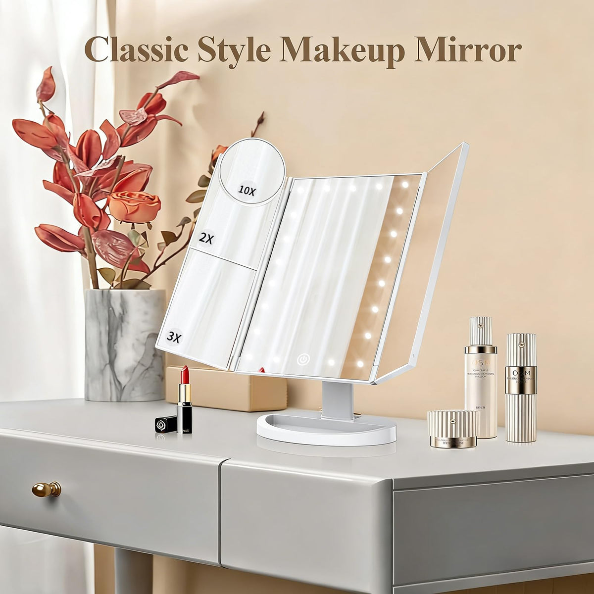 HUONUL Trifold Makeup Mirror displayed on a stylish vanity
