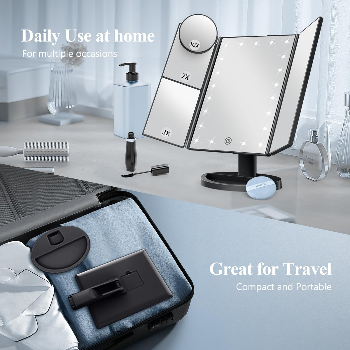 HUONUL Trifold Makeup Mirror displaying adjustable brightness