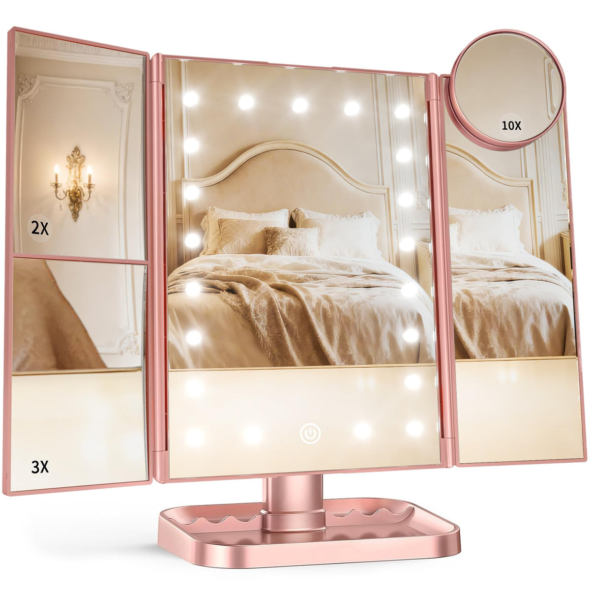HUONUL Trifold Makeup Mirror front view with LED lights