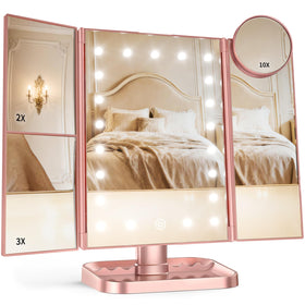 HUONUL Trifold Makeup Mirror front view with LED lights
