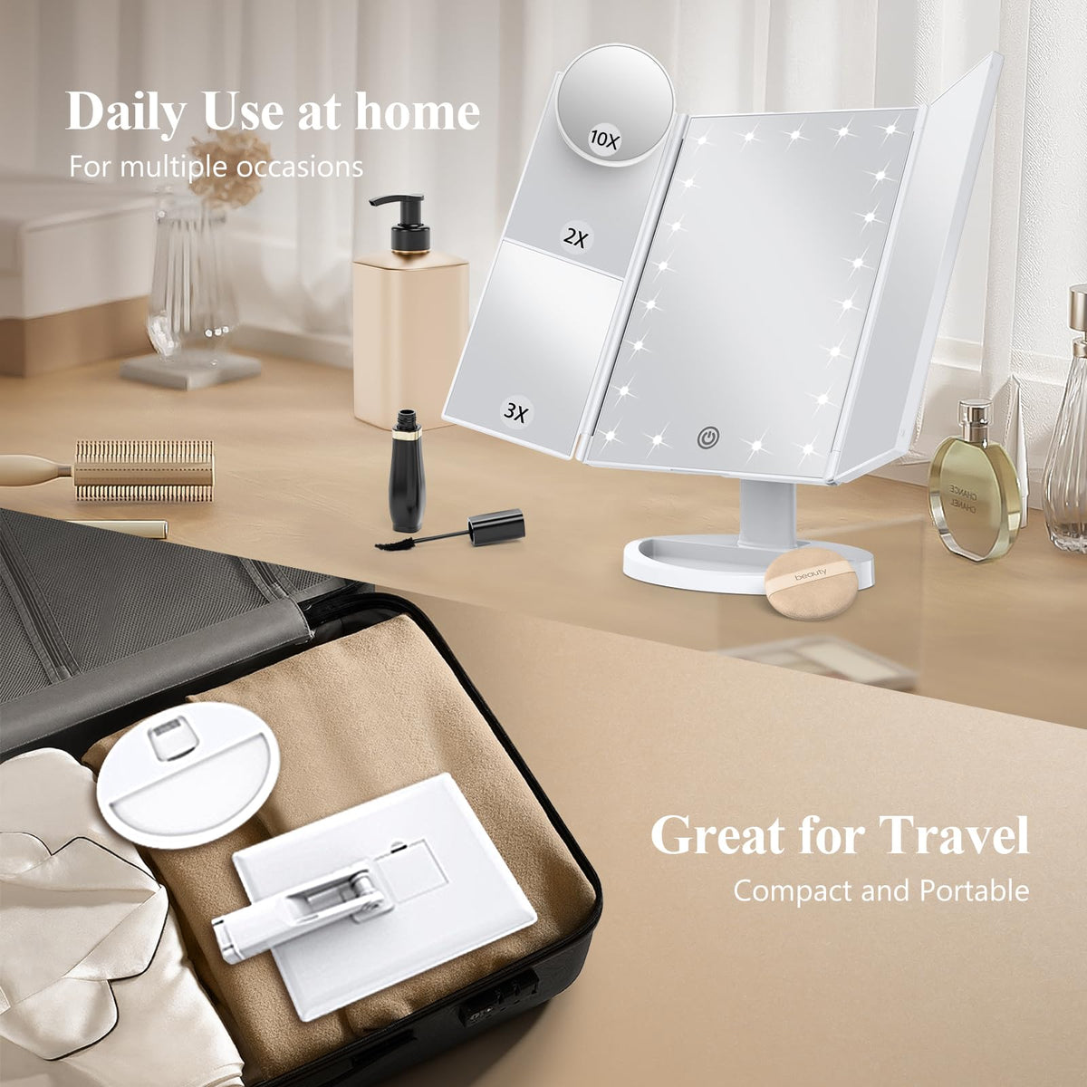 HUONUL Trifold Makeup Mirror in a well-lit vanity setting