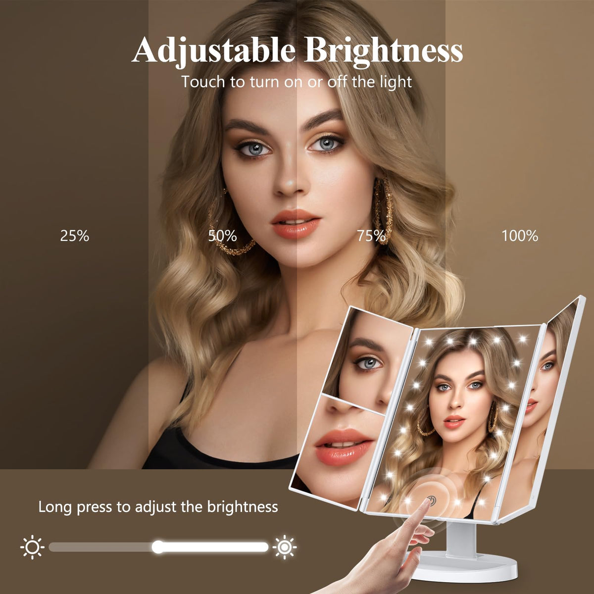 HUONUL Trifold Makeup Mirror side view with adjustable lighting