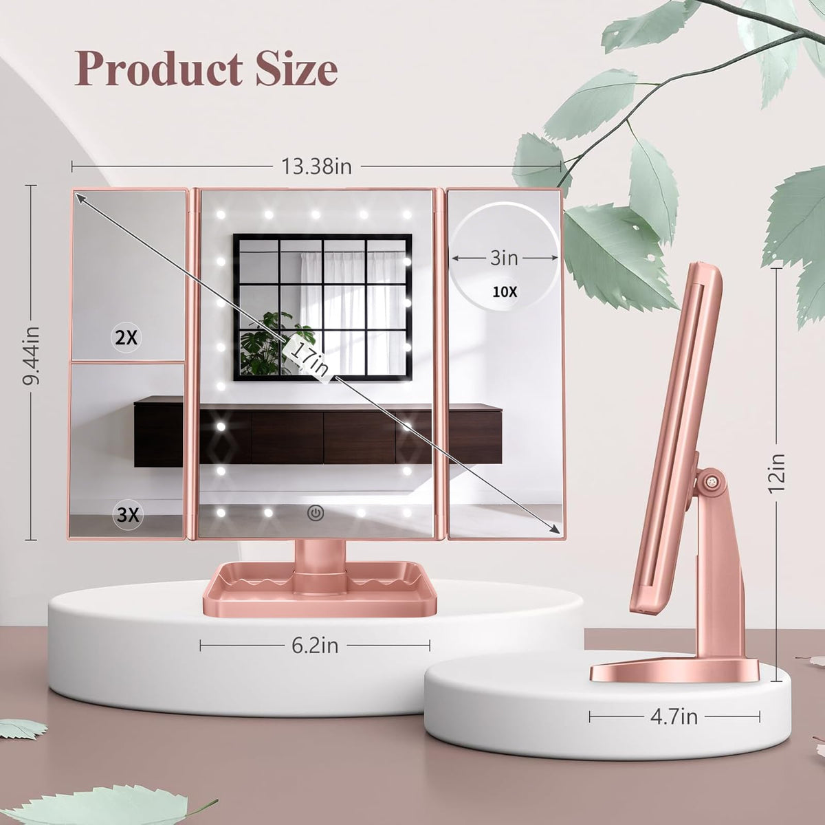 HUONUL Trifold Makeup Mirror with a modern design on a vanity
