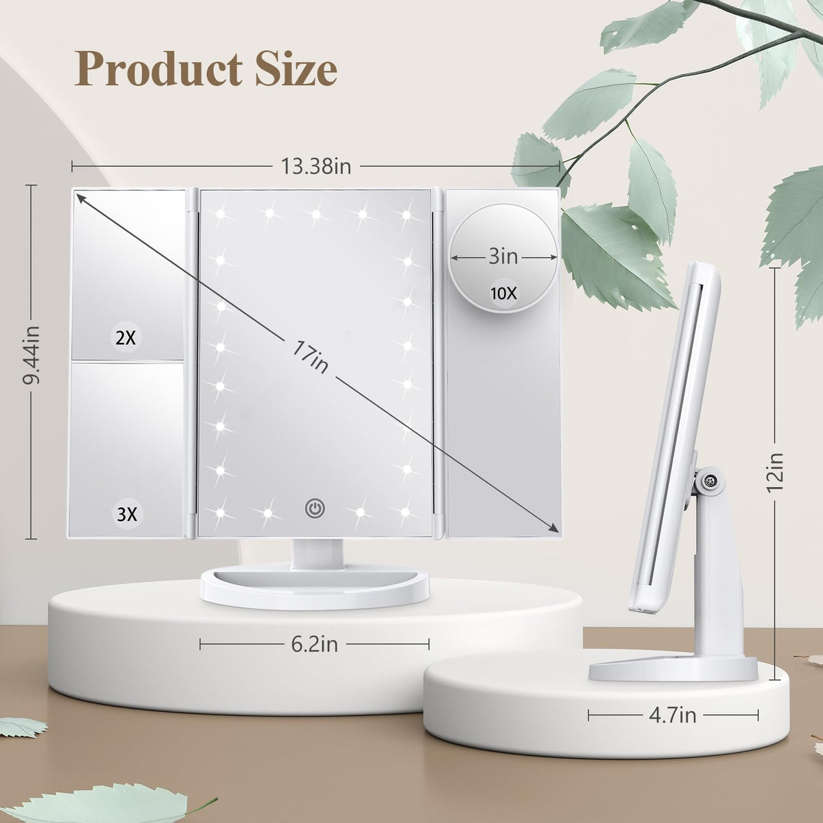 HUONUL Trifold Makeup Mirror with touch control lighting